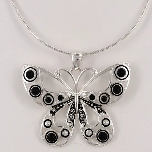 Butterfly Black Bead Metal Pendant Necklace