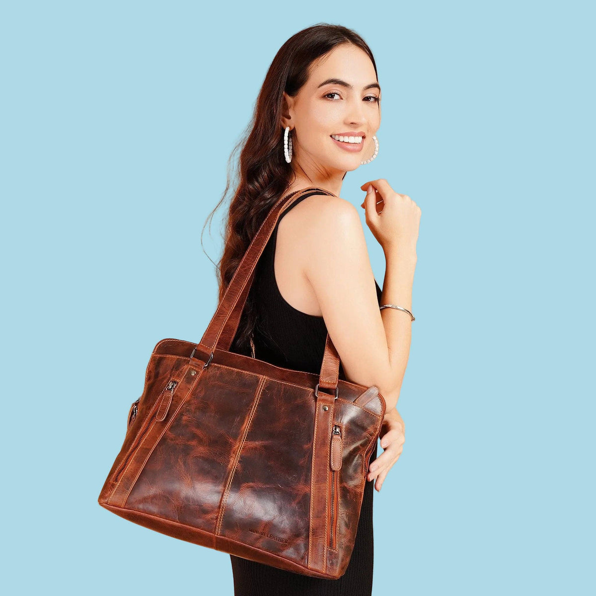 Camille Leather Laptop Tote Bag: Chestnut