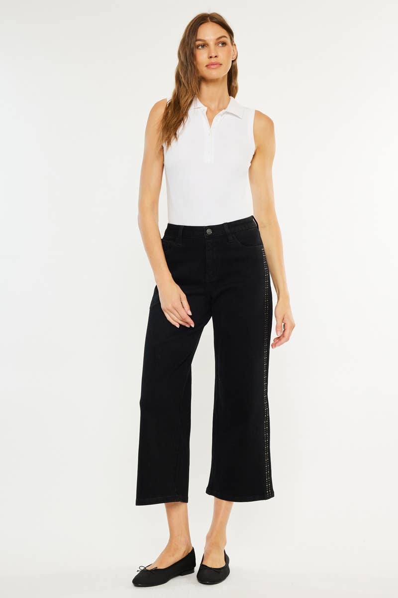 Kancan HIGH RISE CROP WIDE LEG JEANS: BLACK