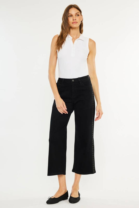 Kancan HIGH RISE CROP WIDE LEG JEANS: BLACK