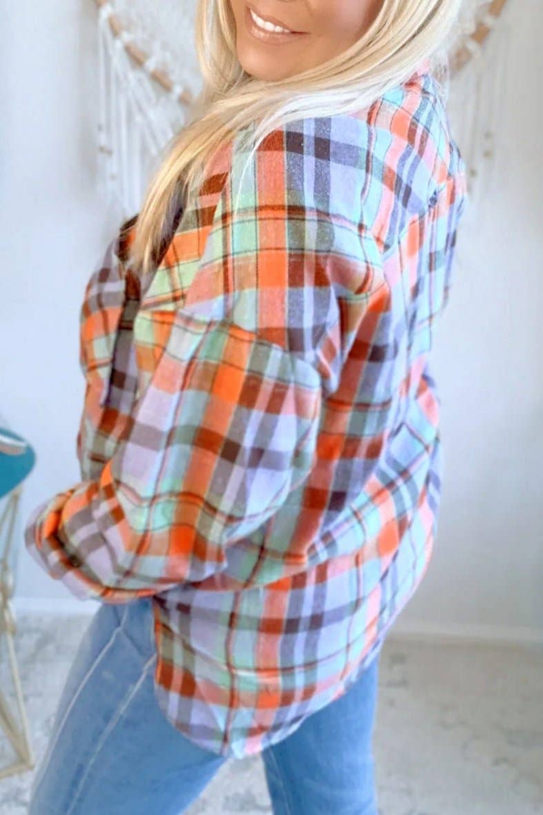 Plus Plaid Buttoned Long Sleeve Shirt: Orange