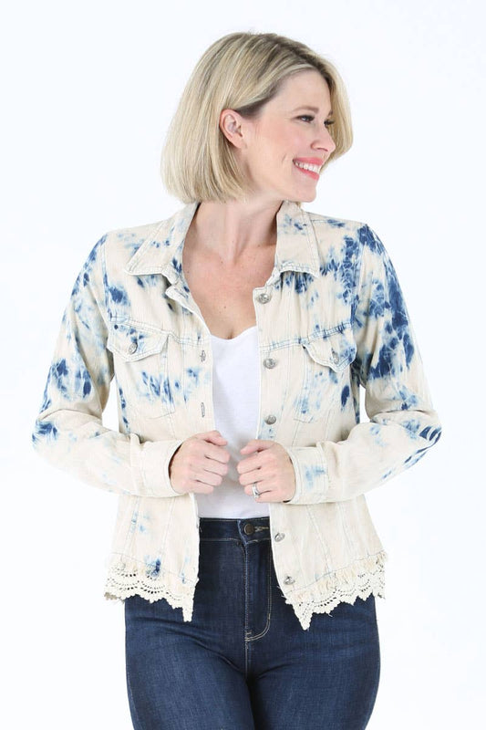 BLEACH TIE DYE WASH DENIM JACKET WITH LACE HEM