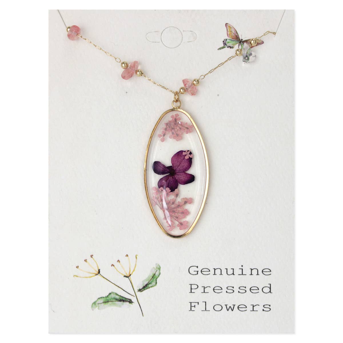 Sweet Vintage Gold Rose Quartz Dried Flower Necklace