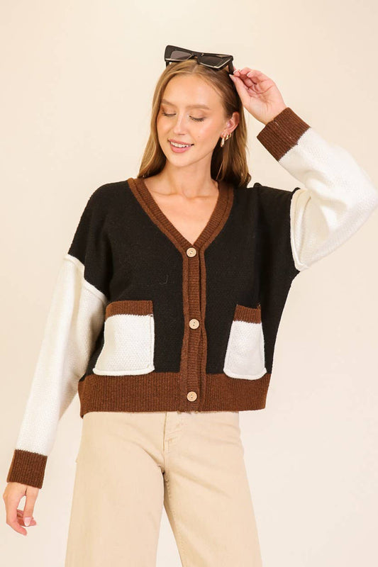 Soft Girl Vibes Color Block Cardigan 2: Black/Mocha/Ivory / S