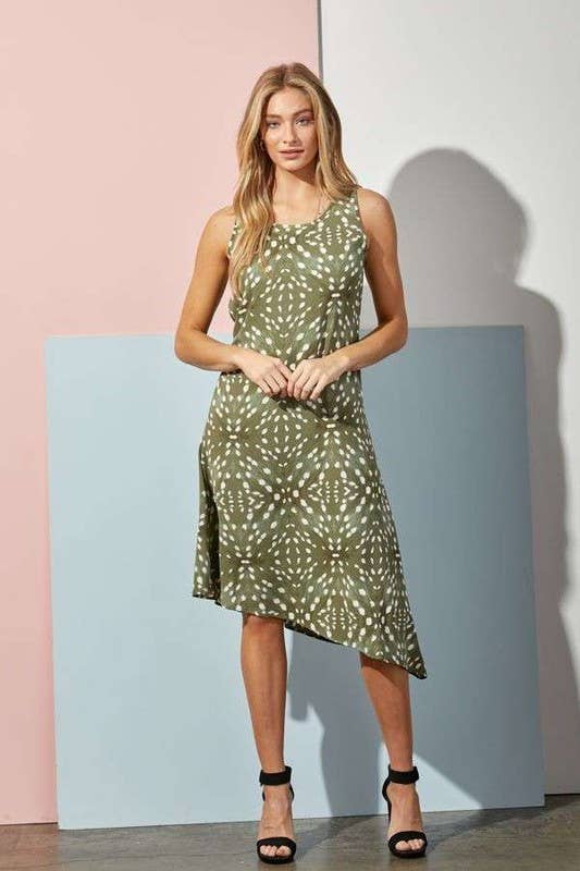 Animal Print Asymmetrical Midi Dress: Olive