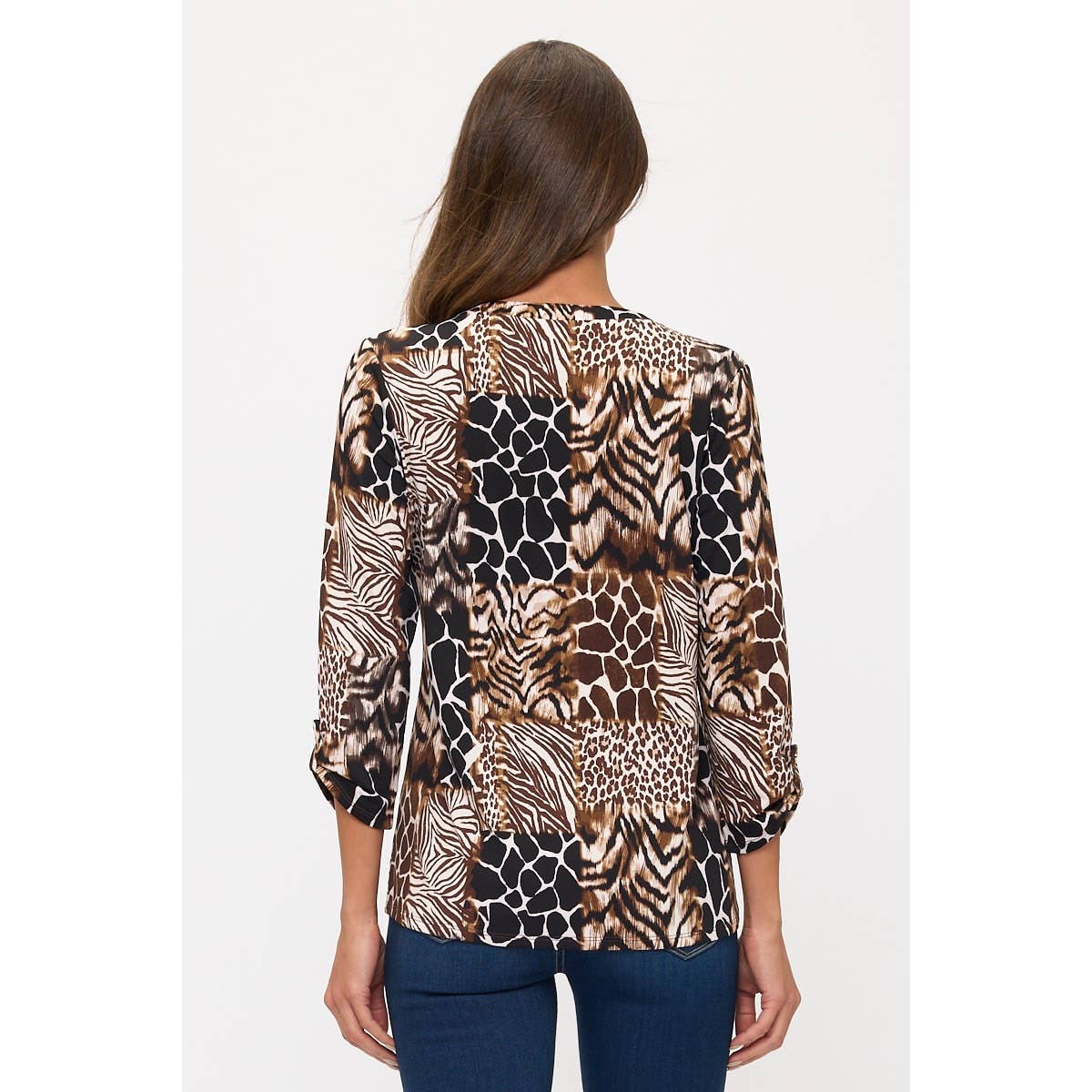 ANIMAL PRINT DTY SQUARE ZIPPER PULL ROLL TAB SHIRT: BLACK/BROWN/TAUPE