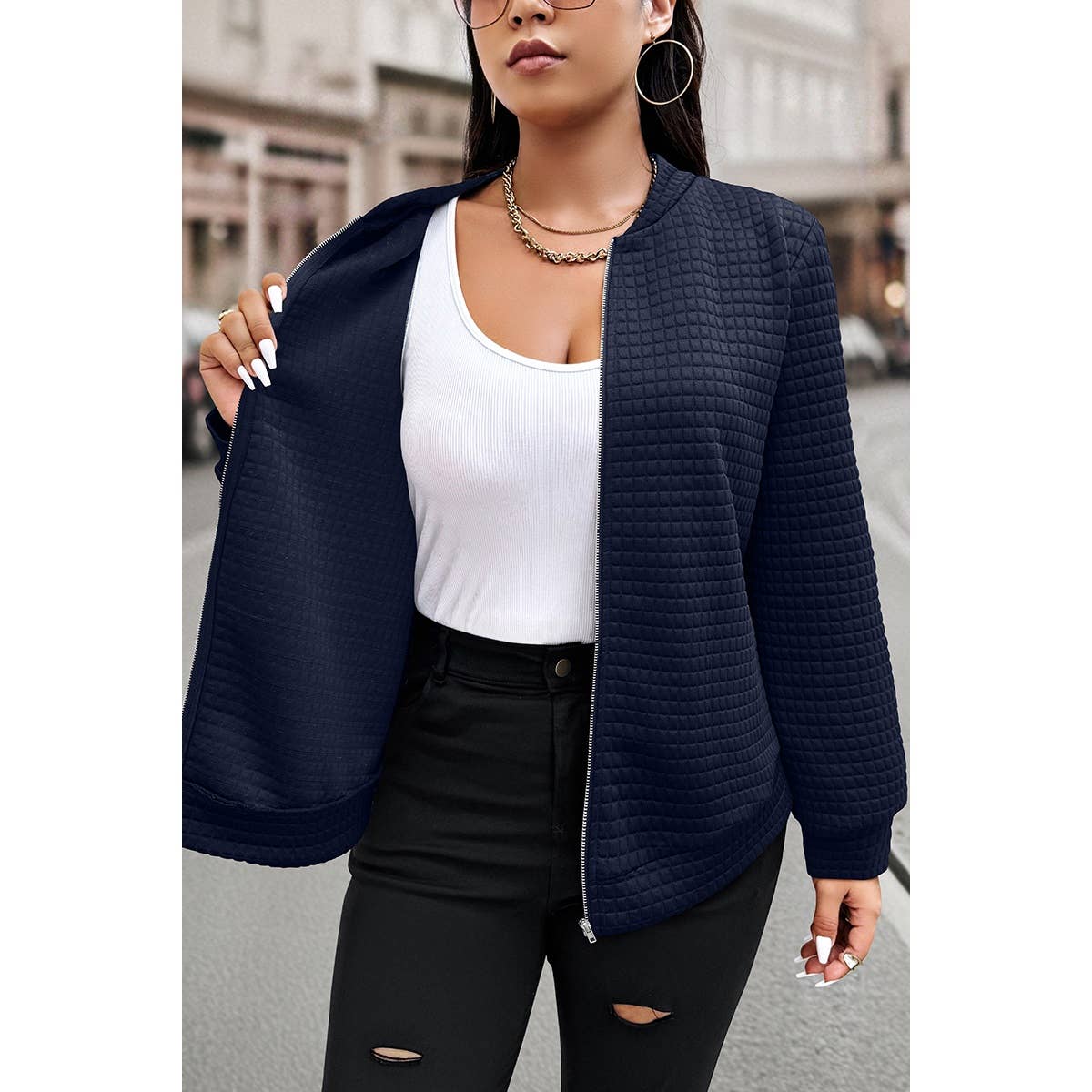 Plus Size Plain Textured Zipper Fit Jacket: NAVY