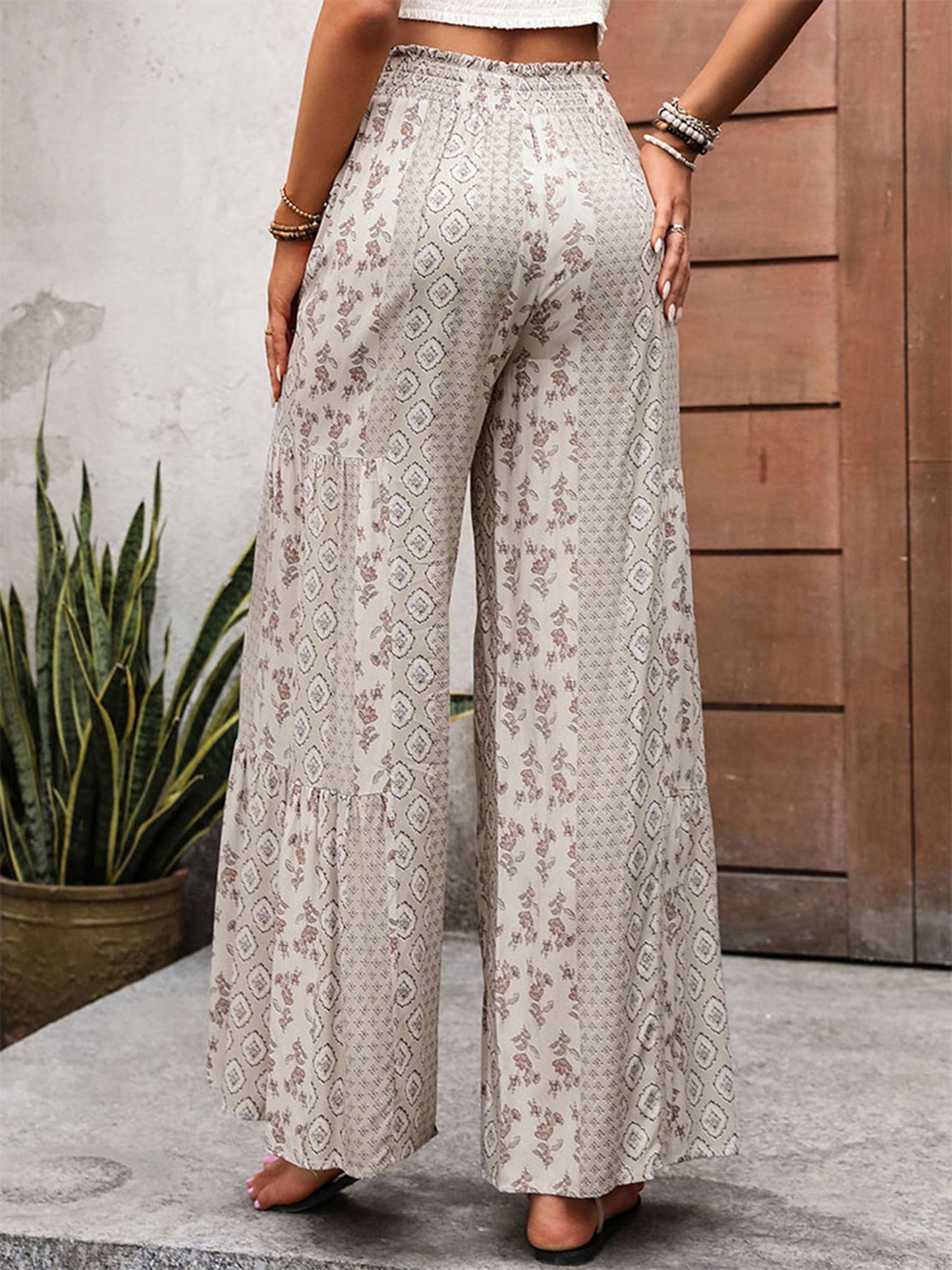 High Waisted Lace Up Wide Leg Pants: Beige