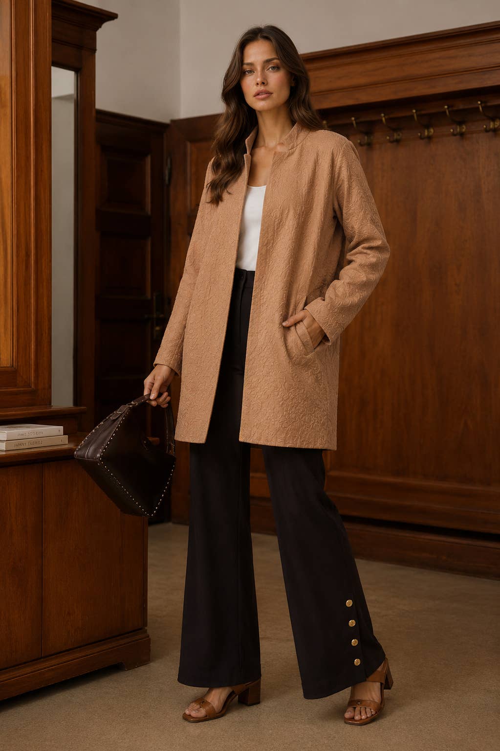 Caramel jacquard midi coat with woven texture and structured silhouette