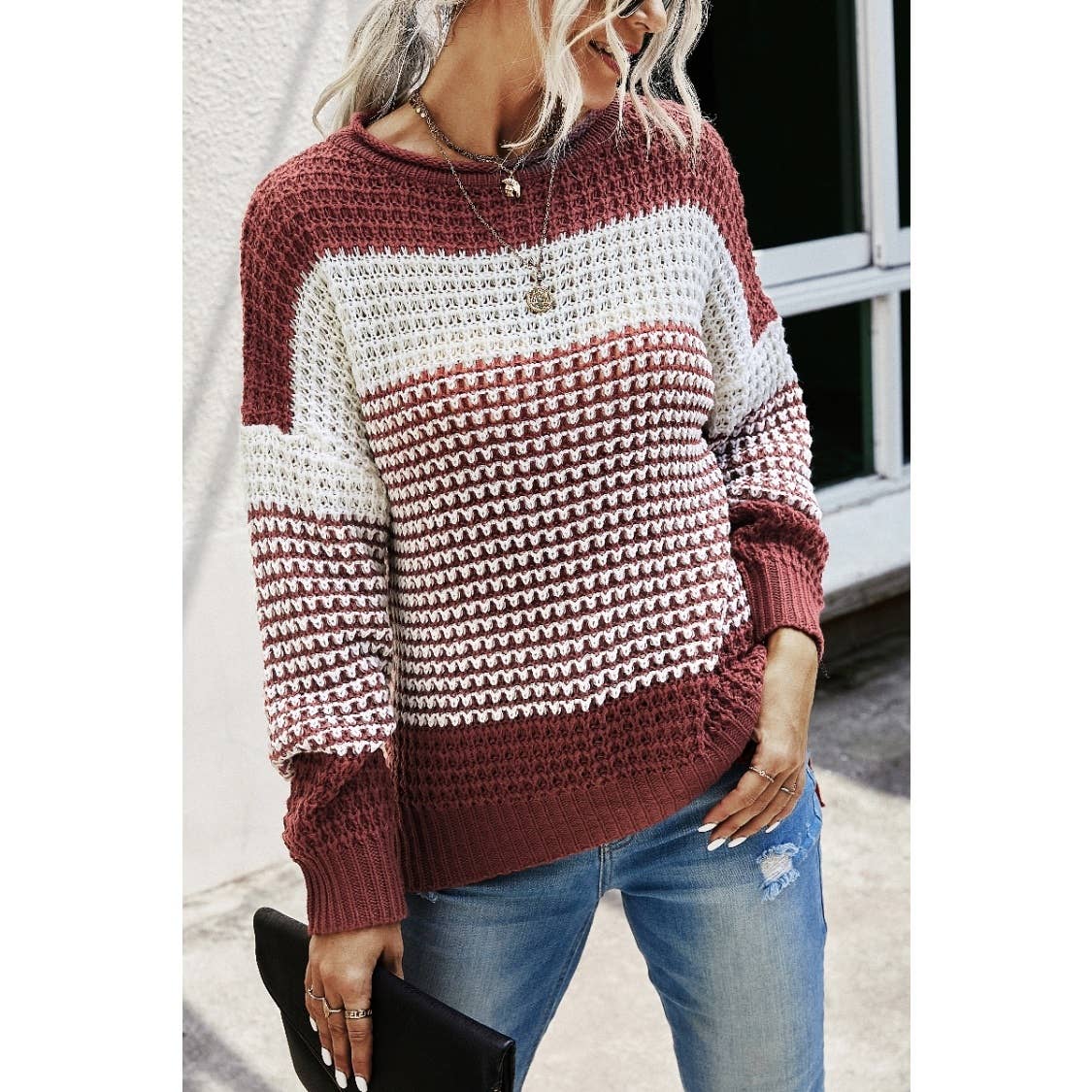 Color Block Knit Long Sleeves Sweater: Rust
