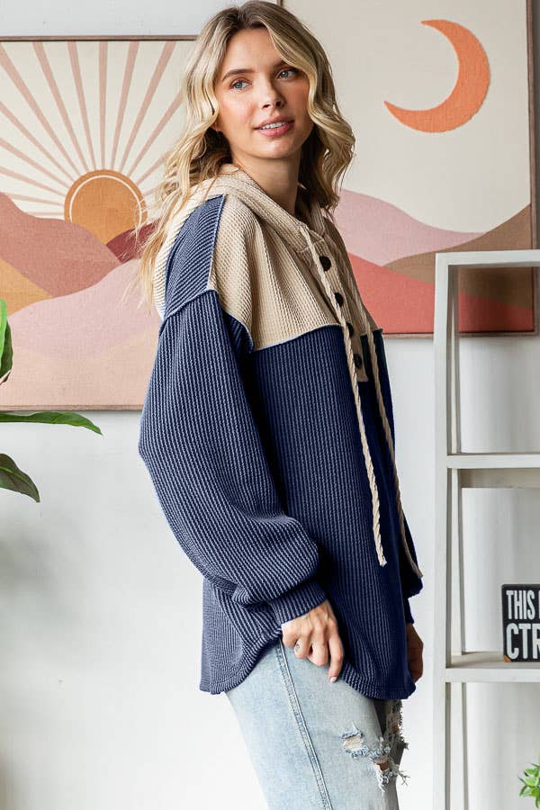 Ribbed Balloon Sleeve Button Front Drawstring Hoodie: Navy