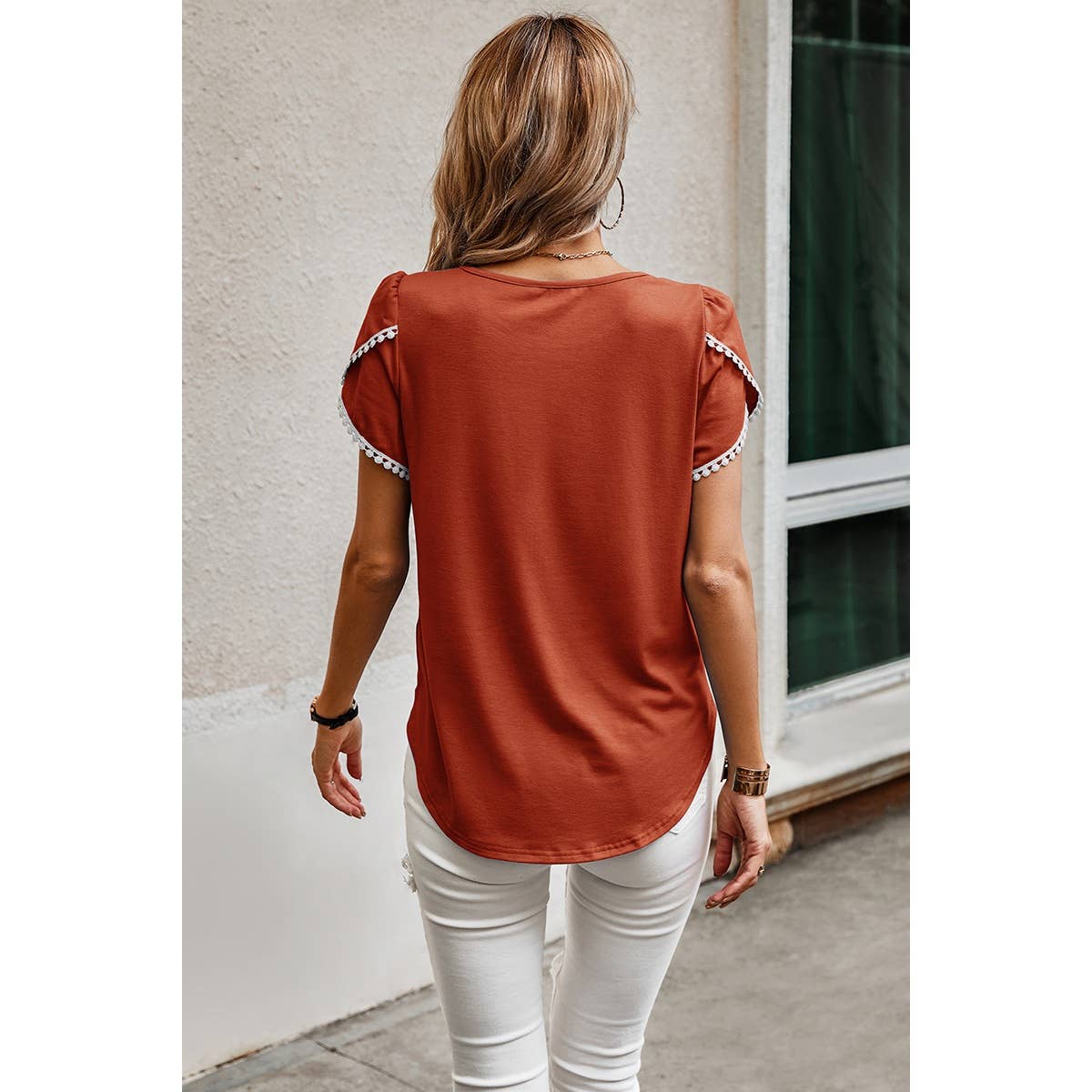 Crewneck Short Sleeve Lace Trim Loose T Shirts: ORANGE