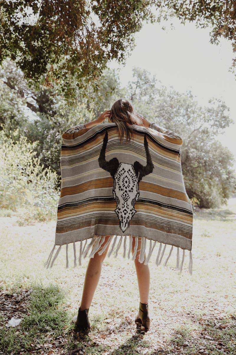 Bohemian Cow Skull Serape Ruana: Gray