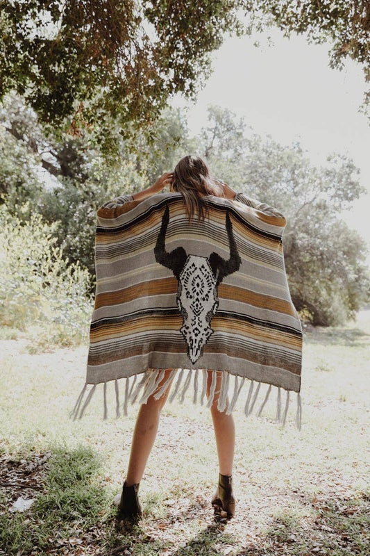 Bohemian Cow Skull Serape Ruana: Gray