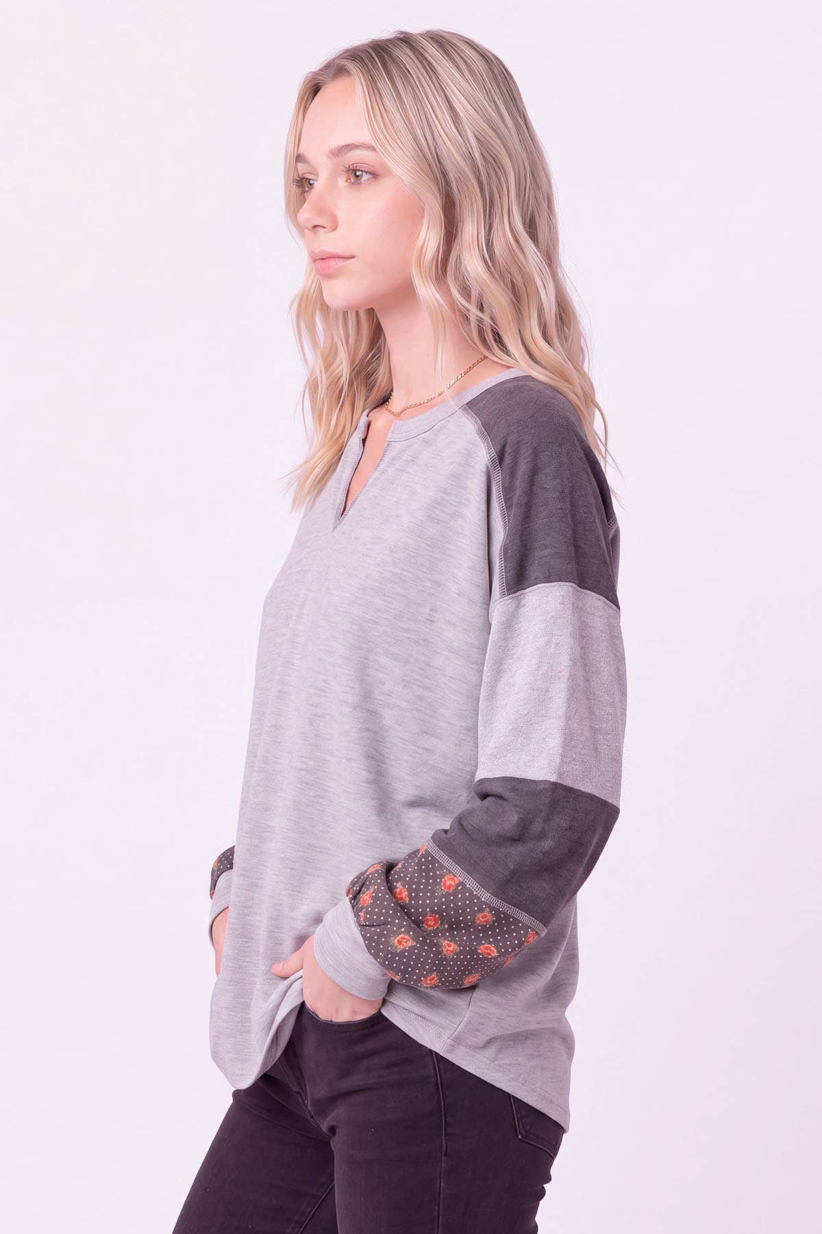 Color Block Split Neck Pullover Top  Heather Grey