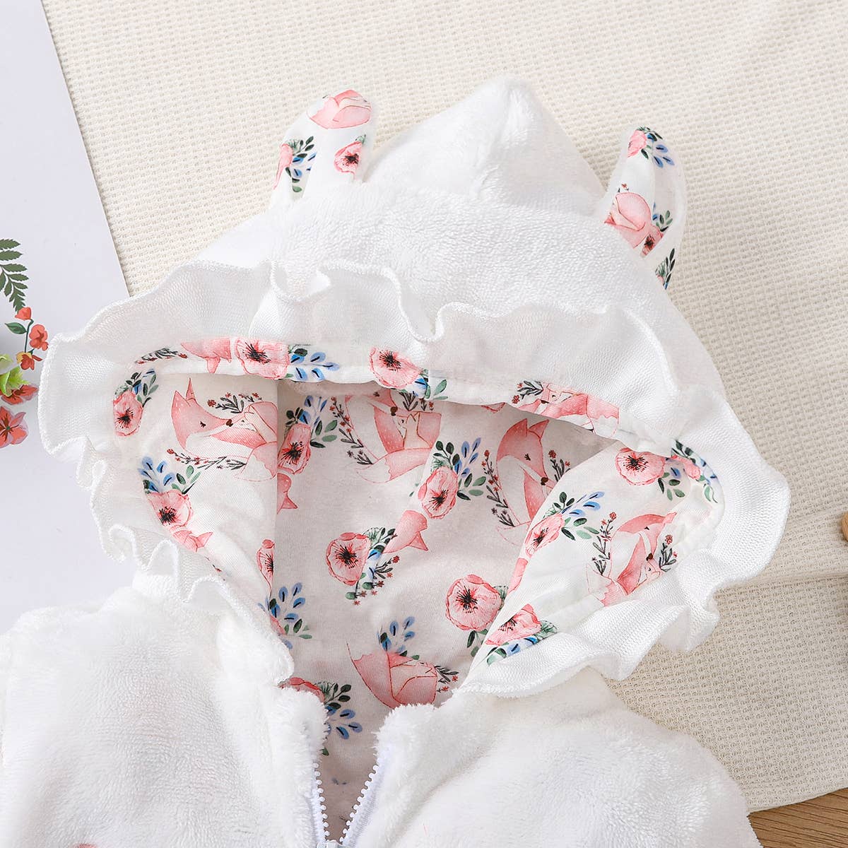 Baby Fox Embroidered 3D Ears Hooded Long-sleeve Jumpsuit: White / 0-3M