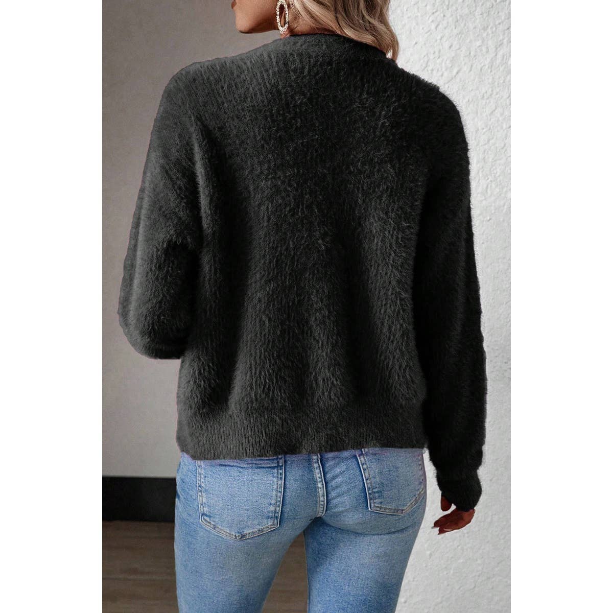 Solid Fuzzy Fleece Button V Neck Cardigan