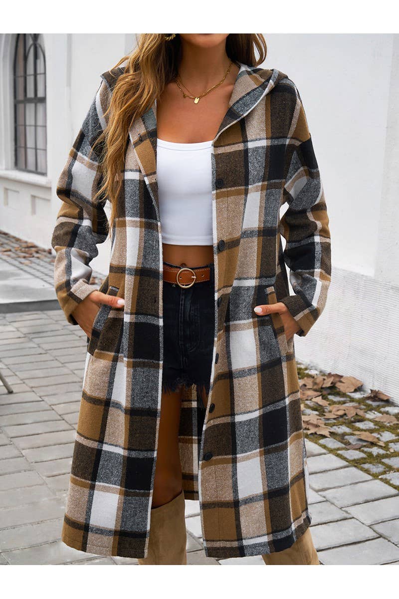 Plaid Button Hooded Long Coat