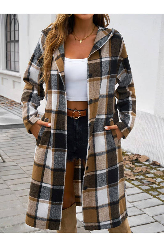 Plaid Button Hooded Long Coat