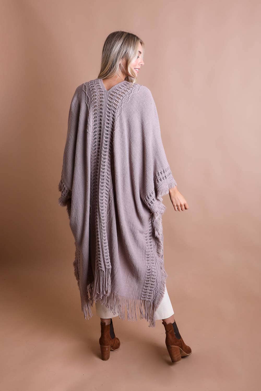 Frayed Border Bohemian Ruana: Gray