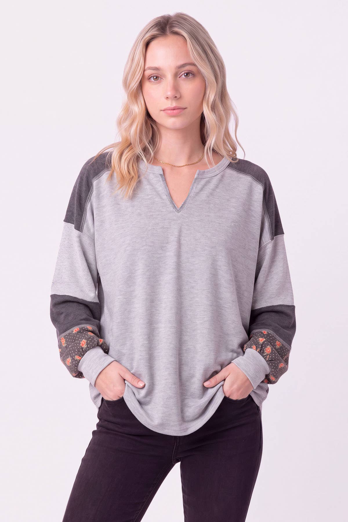 Color Block Split Neck Pullover Top  Heather Grey