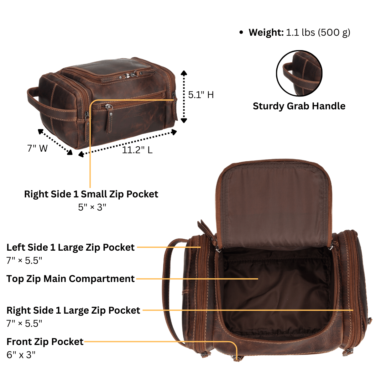 Premium Leather Toiletry Bag, Dopp Kit for Men – Winston – Chestnut