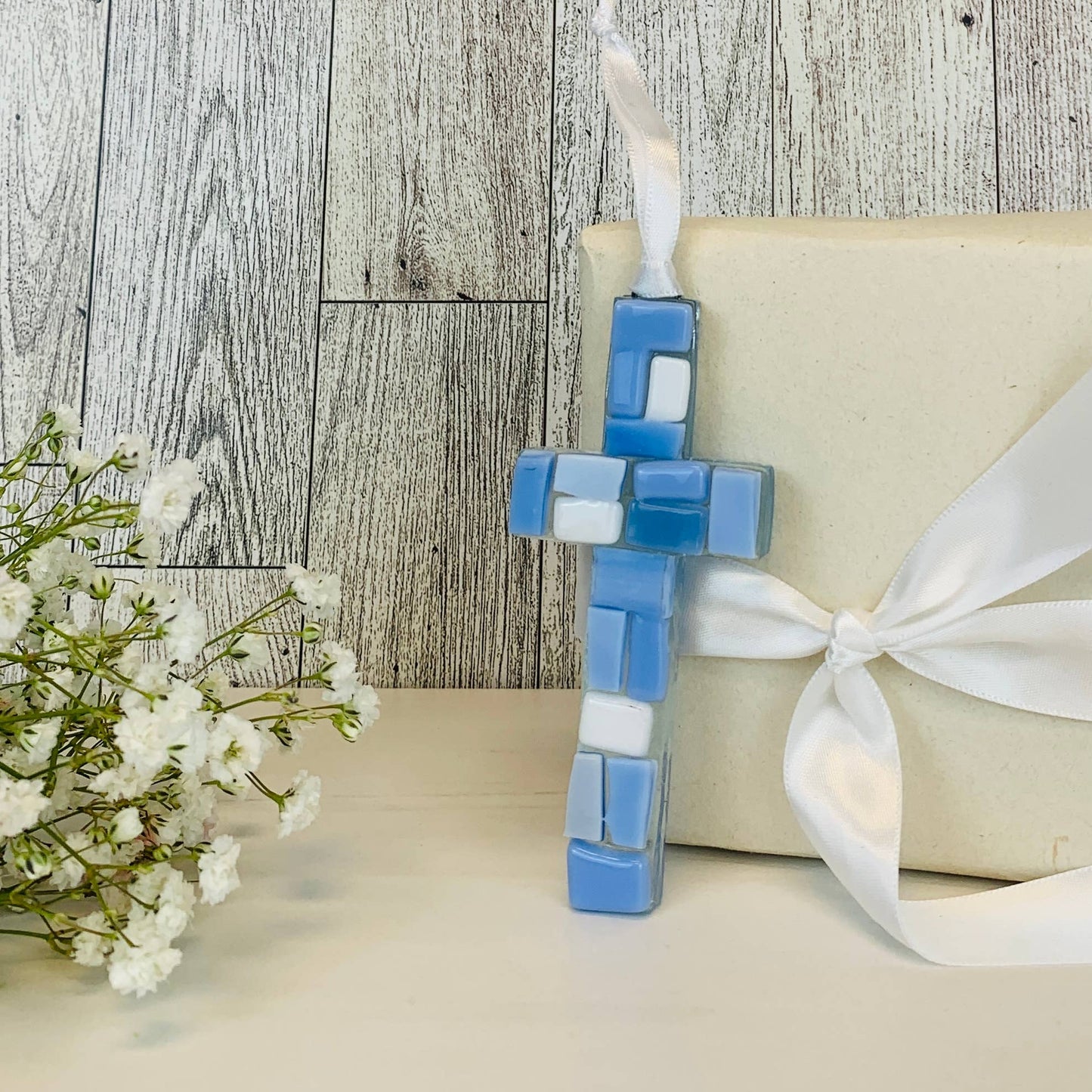 New Baby Boy Gift USA Handmade Mosaic Glass Cross 4485