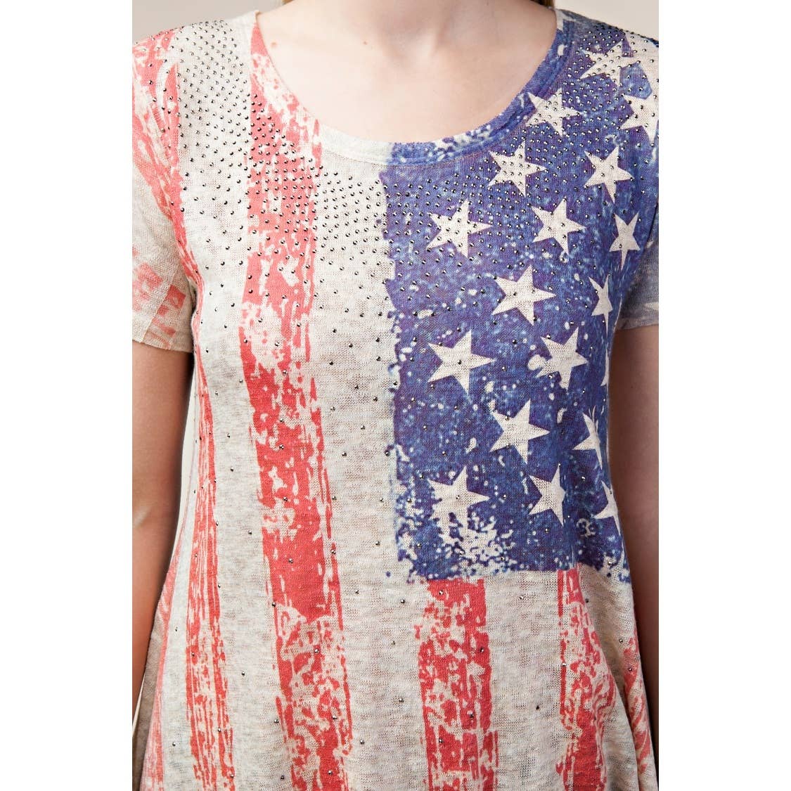 FLAG PRINTED RHINESTONE TUNIC TOP: OATMEAL
