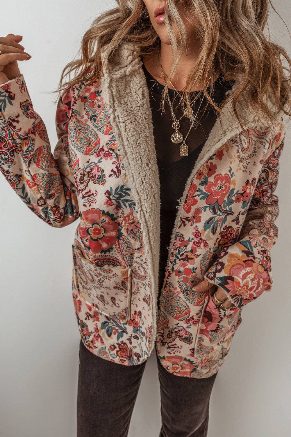 Floral Sherpa Lined Hooded Jacket: Beige