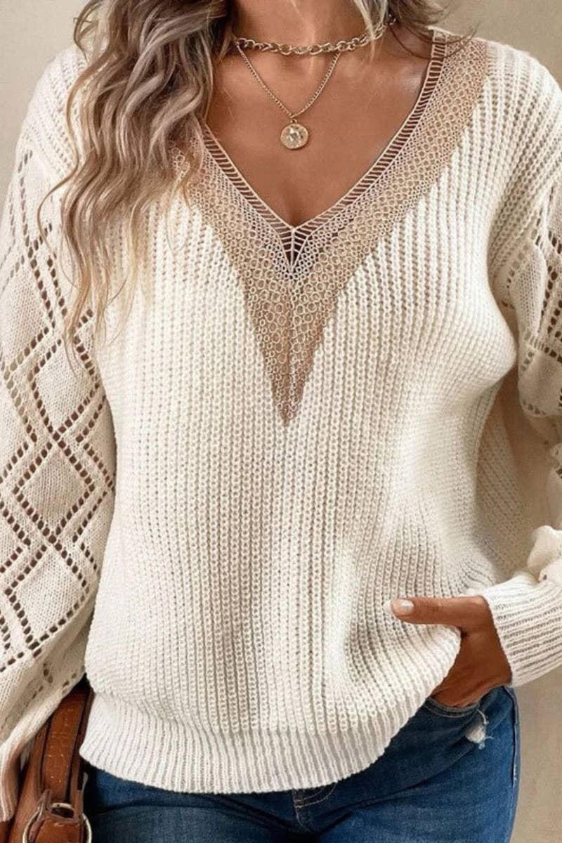 V-NECK LACE PATCHWORK LONG-SLEEVED SWEATER: Beige