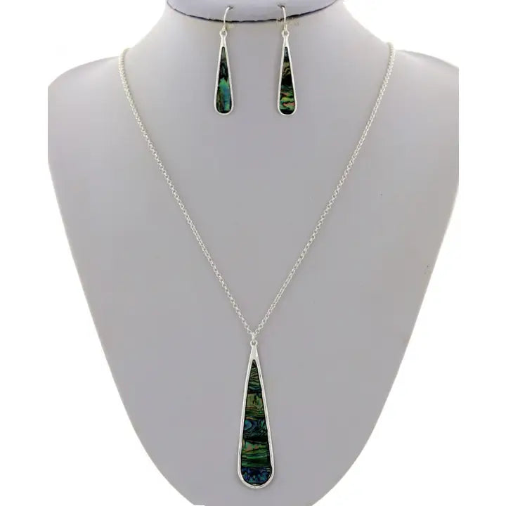 Filigree Abalone Metal Pendant Long Necklace Set