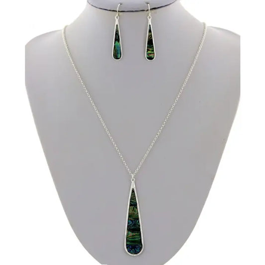 Filigree Abalone Metal Pendant Long Necklace Set