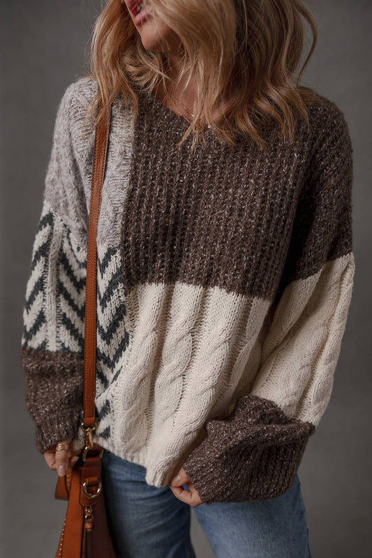 Plus Color Block Patchwork Knotted Back Loose Fit Sweater