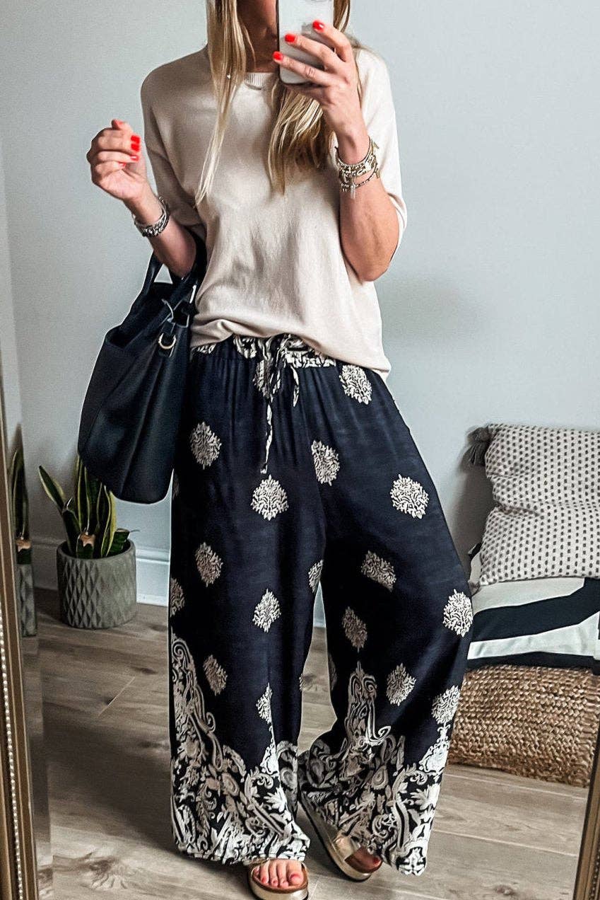 Boho Drawstring Waist Pants: Black