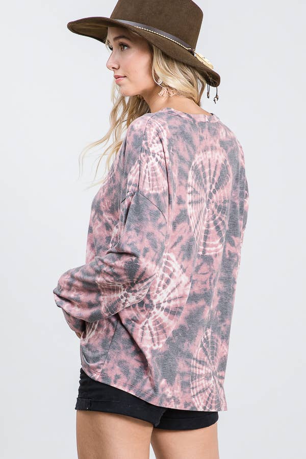 Tie Dye V-Seam Drop Shoulder Long Sleeve Top  Marsala