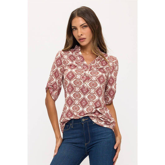 FLORAL MANDARIN HALF PLACKET ROLL TAB SHIRT: IVORY/BURGUNDY/TAUPE