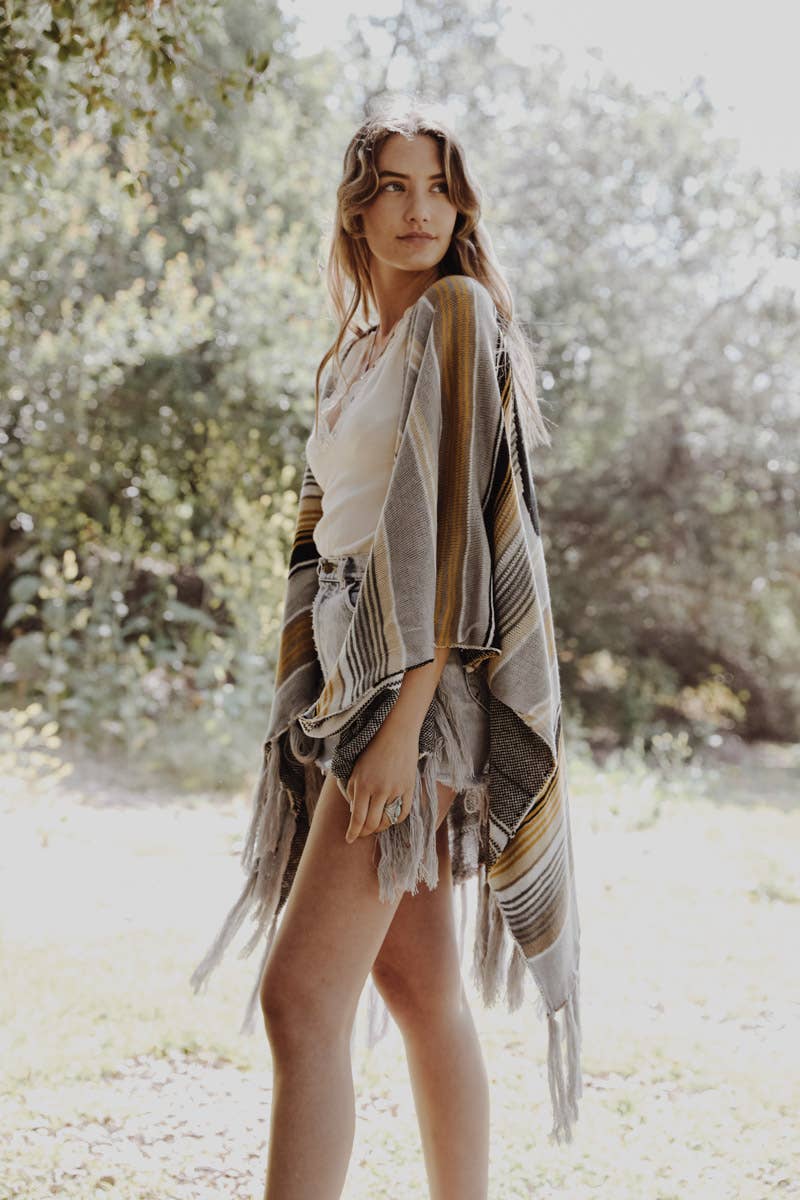 Bohemian Cow Skull Serape Ruana: Gray