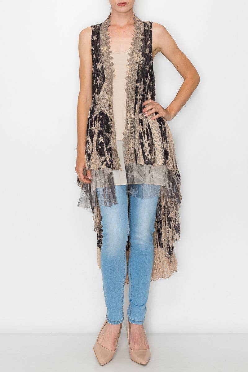 Flowy High-Low Lace Boho Duster Vest-U013 TAUPE/BK STAR