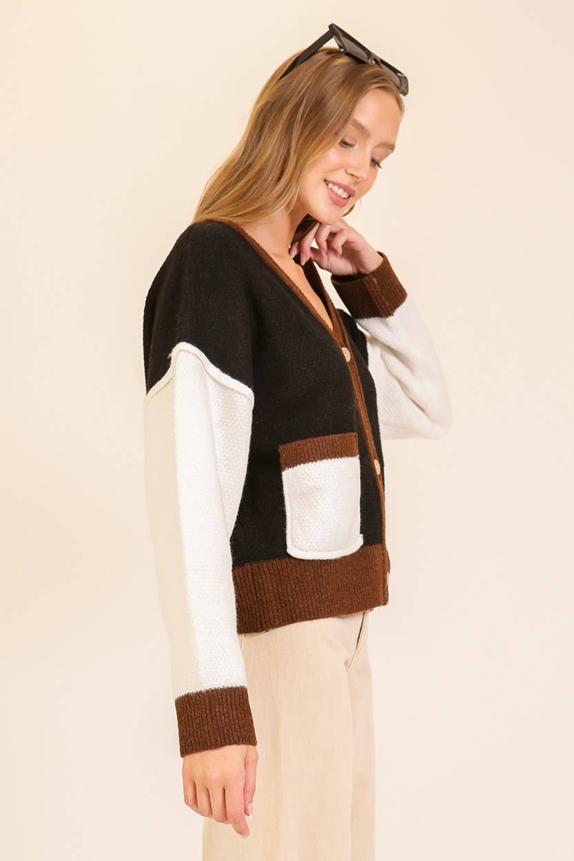 Soft Girl Vibes Color Block Cardigan 2: Black/Mocha/Ivory / S