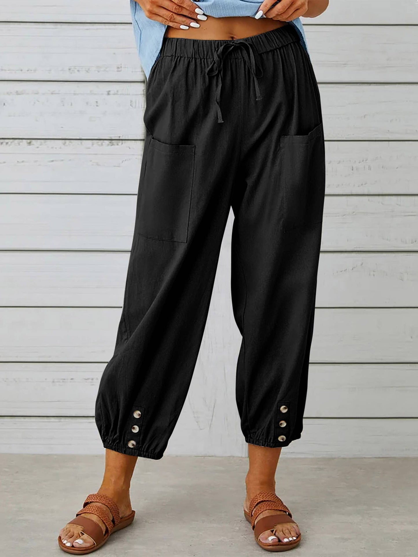 High Waisted Buttoned Pants With Pocket: Black