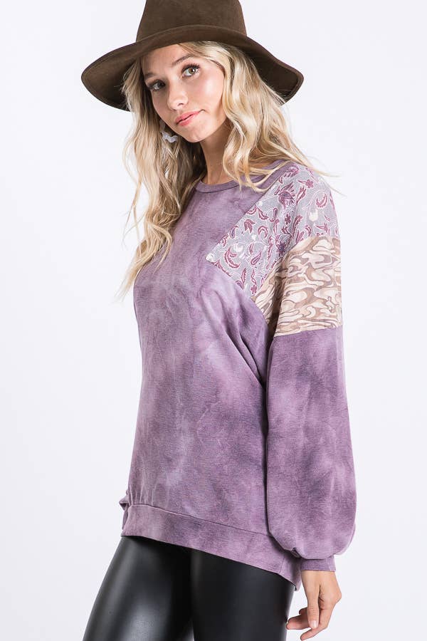 Tie Dye Bishop Sleeve Top: Purple