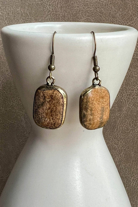 Small rectangle crazy agate stone earrings in bronze settings on fish hooks