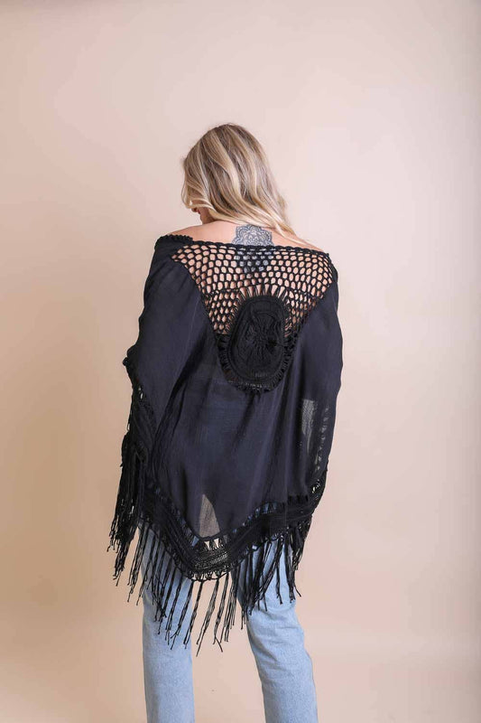 Festival-Ready Crochet Back Tasseled Kimono - Black