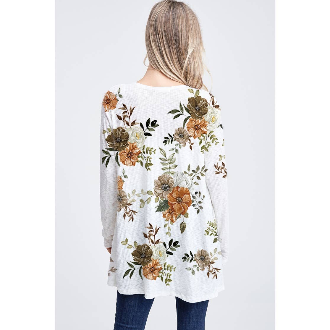 Fall Floral print rib long sleeve cardigan : GREY