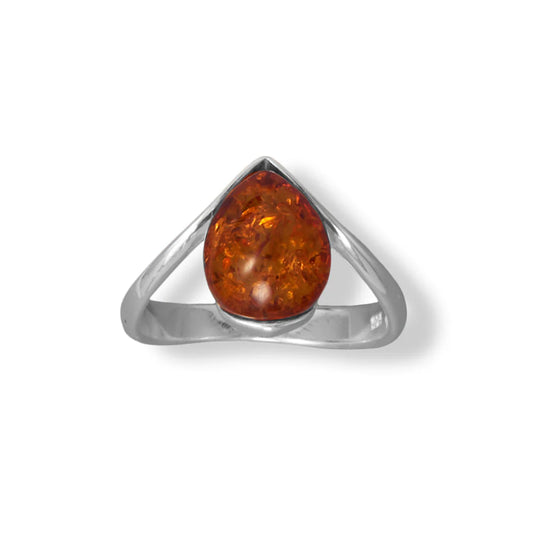 Polished Sterling Silver "V" with Pear Baltic Amber Ring Size 7