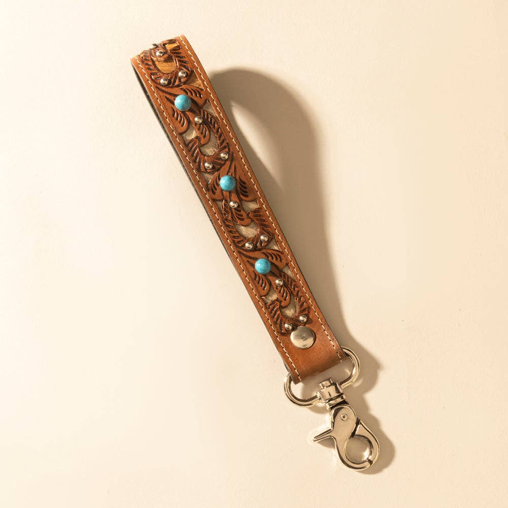 River Glen Handtooled Hairon Leather Key Fob Black/Brown/Turquoise