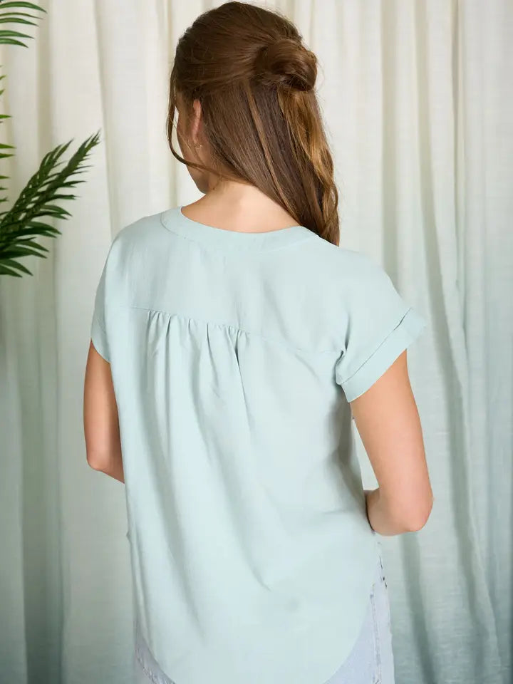 Cuffed Sleeve Button Down Lightweight Top - Mint