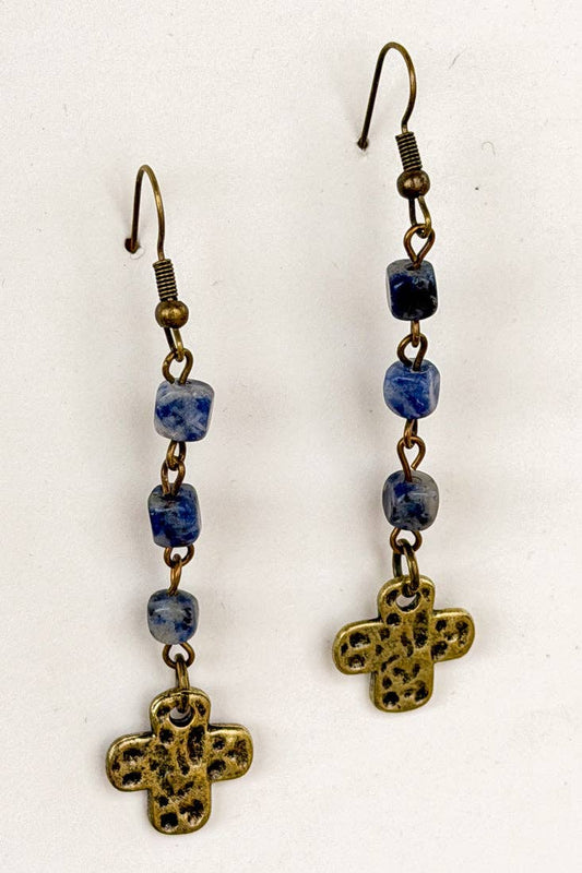 Bronze fish hook earrings with a line of blue stone beads and a small bronze charm