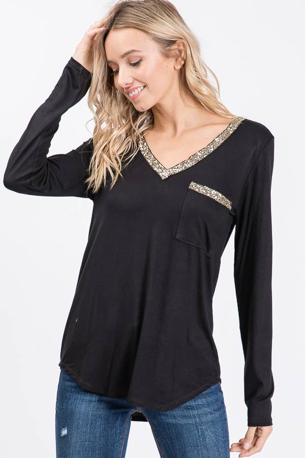 Casual Solid V-Neck Sequin Trim Long Sleeve Pocket Top: Black