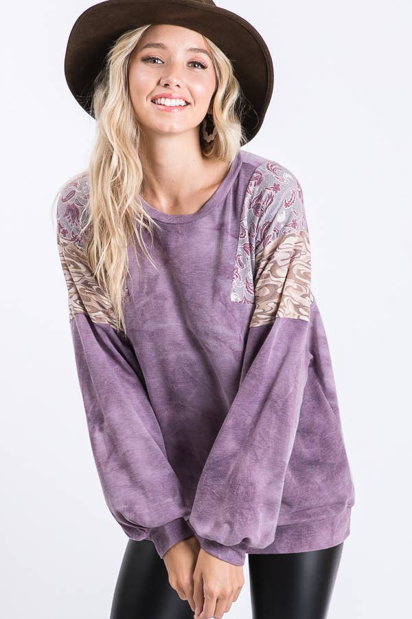 Tie Dye Bishop Sleeve Top: Purple